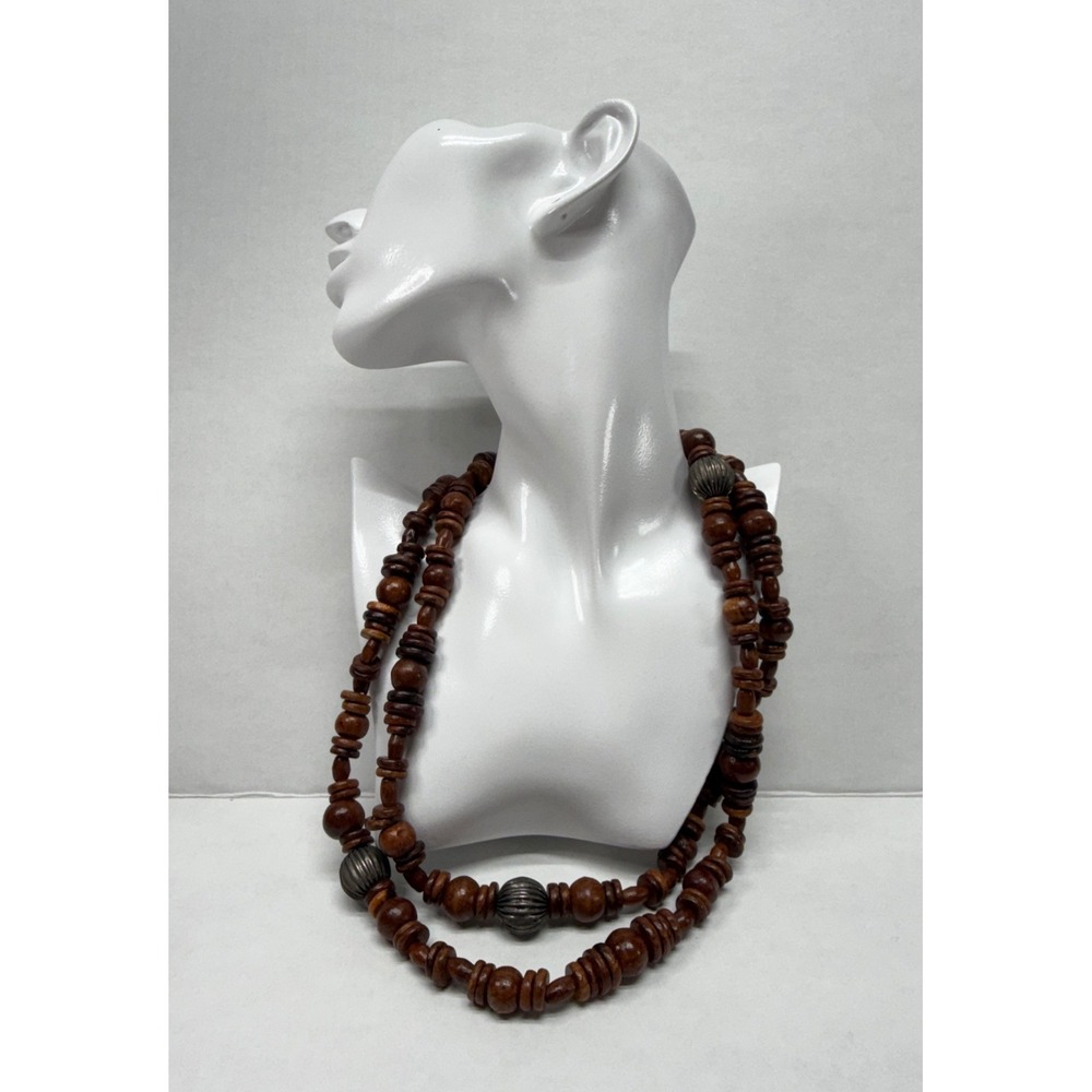Vintage Long Wooden Bead Necklace Brown Boho Tribal Silver Accents 46 Inch